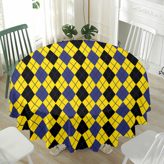 Black Blue And Yellow Argyle Print Waterproof Round Tablecloth