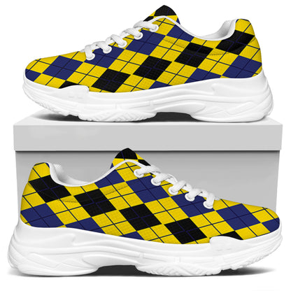 Black Blue And Yellow Argyle Print White Chunky Shoes