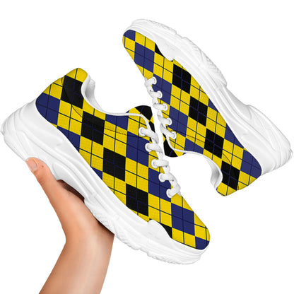 Black Blue And Yellow Argyle Print White Chunky Shoes