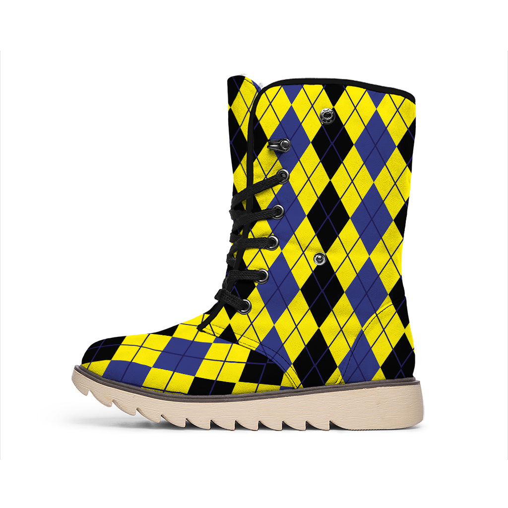Black Blue And Yellow Argyle Print Winter Boots