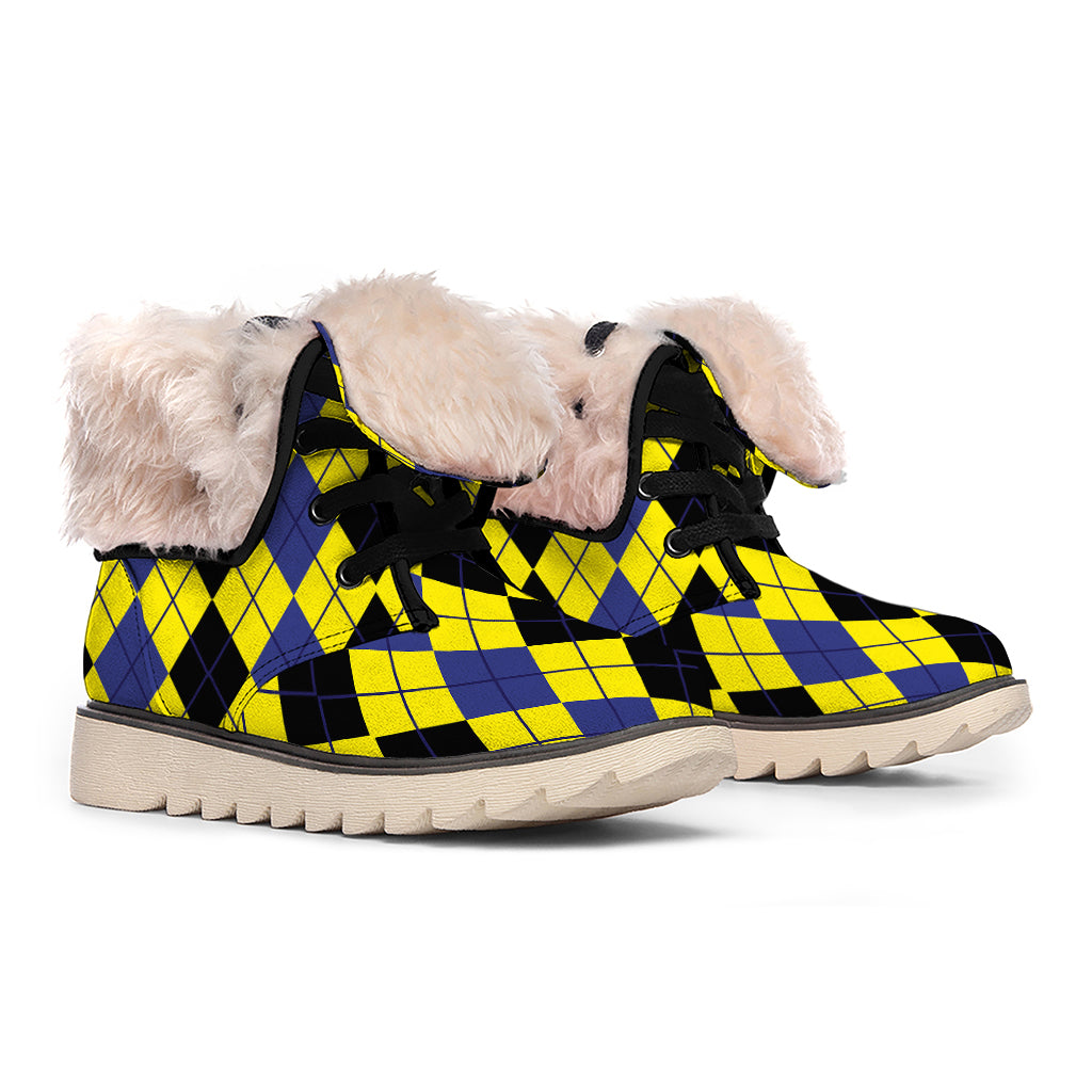 Black Blue And Yellow Argyle Print Winter Boots
