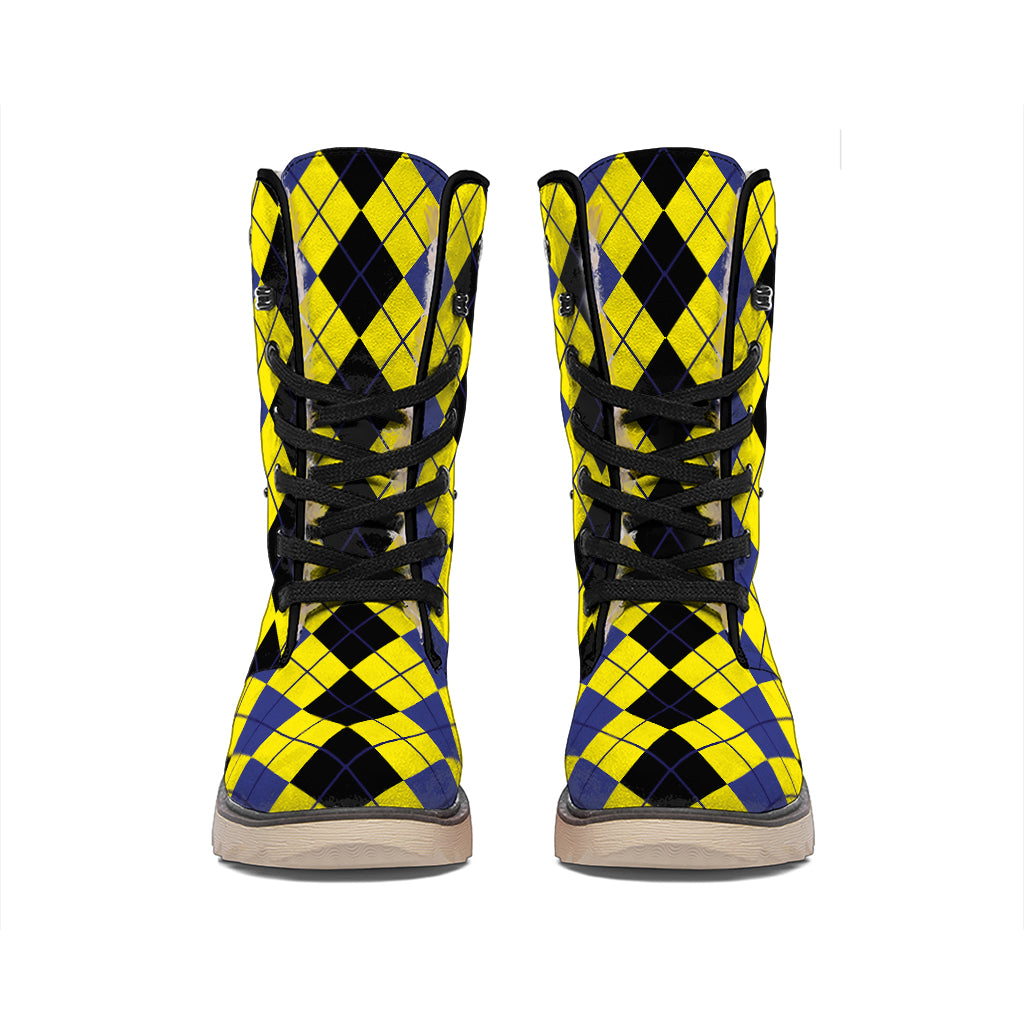 Black Blue And Yellow Argyle Print Winter Boots