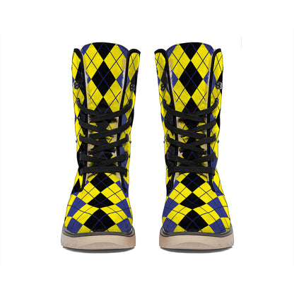 Black Blue And Yellow Argyle Print Winter Boots
