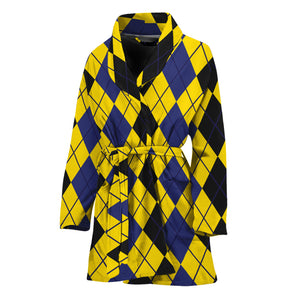 Black Blue And Yellow Argyle Print Women's Bathrobe