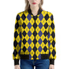 Black Blue And Yellow Argyle Print Women's Bomber Jacket