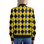 Black Blue And Yellow Argyle Print Women's Bomber Jacket