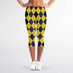 Black Blue And Yellow Argyle Print Women's Capri Leggings