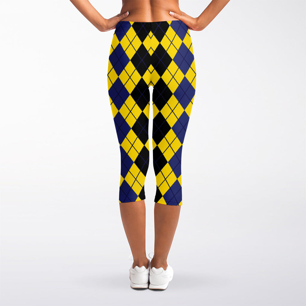 Black Blue And Yellow Argyle Print Women's Capri Leggings