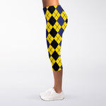 Black Blue And Yellow Argyle Print Women's Capri Leggings