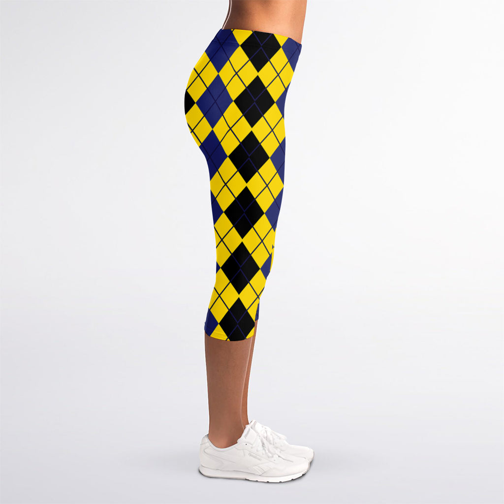 Black Blue And Yellow Argyle Print Women's Capri Leggings