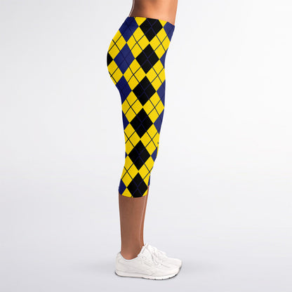 Black Blue And Yellow Argyle Print Women's Capri Leggings