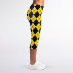 Black Blue And Yellow Argyle Print Women's Capri Leggings