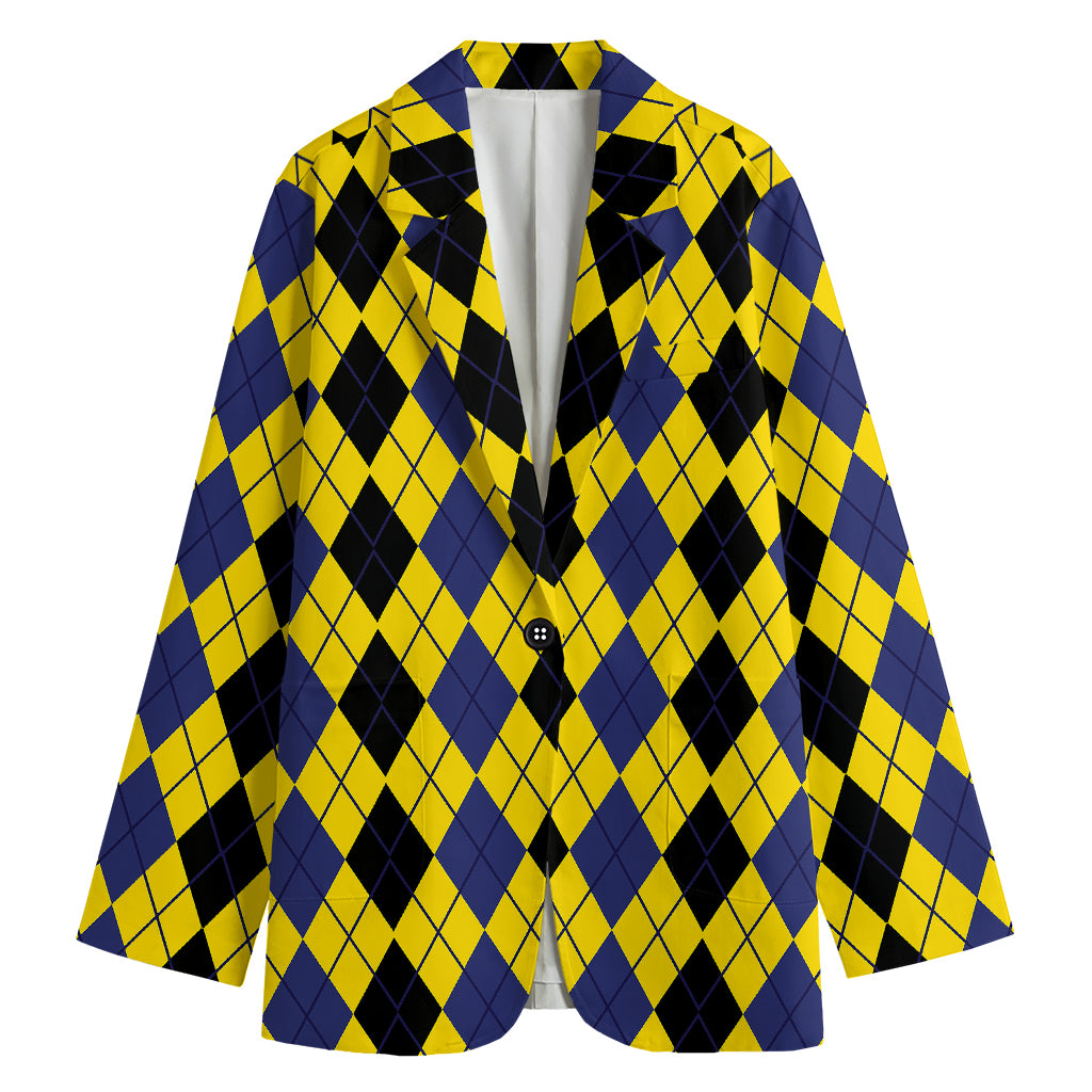 Black Blue And Yellow Argyle Print Women's Cotton Blazer