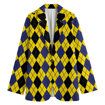 Black Blue And Yellow Argyle Print Women's Cotton Blazer