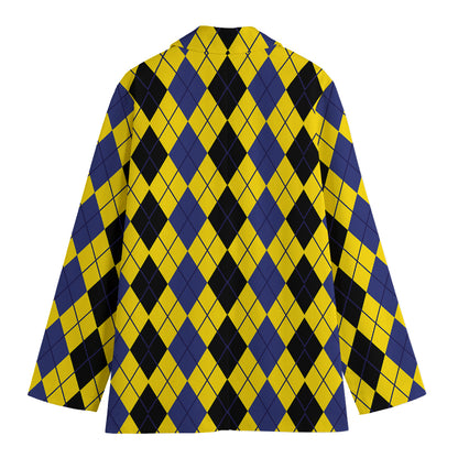 Black Blue And Yellow Argyle Print Women's Cotton Blazer