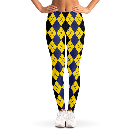 Black Blue And Yellow Argyle Print Women's Leggings