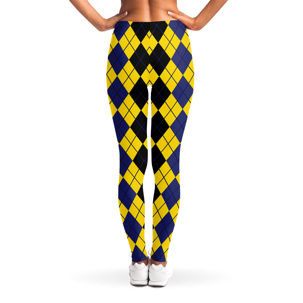 Black Blue And Yellow Argyle Print Women's Leggings