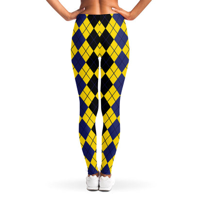 Black Blue And Yellow Argyle Print Women's Leggings