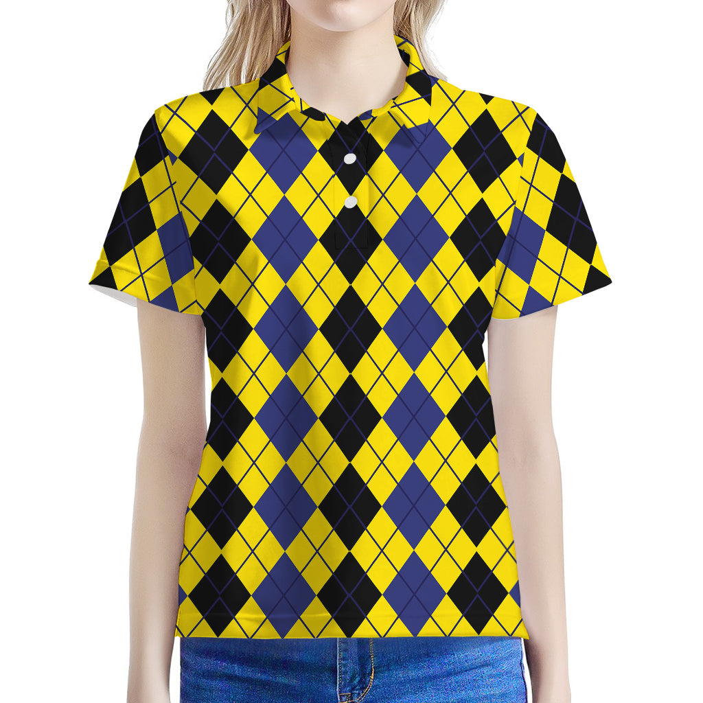 Black Blue And Yellow Argyle Print Women's Polo Shirt