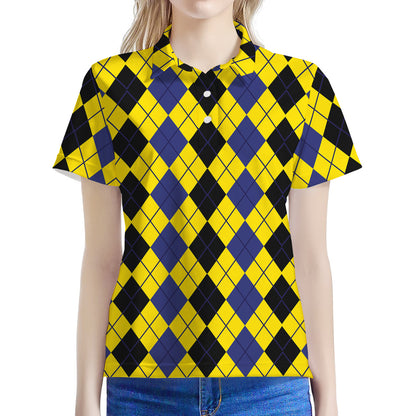 Black Blue And Yellow Argyle Print Women's Polo Shirt