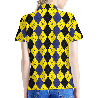 Black Blue And Yellow Argyle Print Women's Polo Shirt