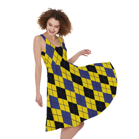 Black Blue And Yellow Argyle Print Women's Sleeveless Dress