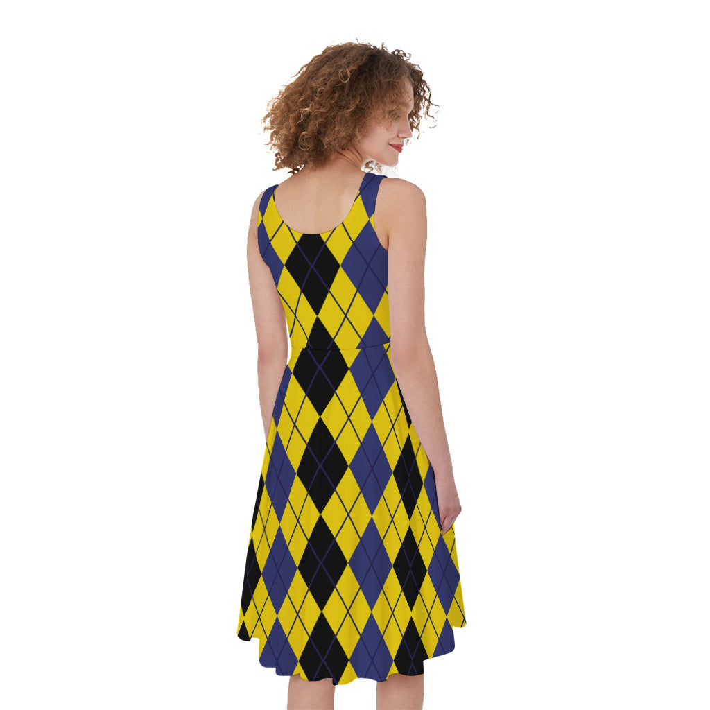 Black Blue And Yellow Argyle Print Women's Sleeveless Dress