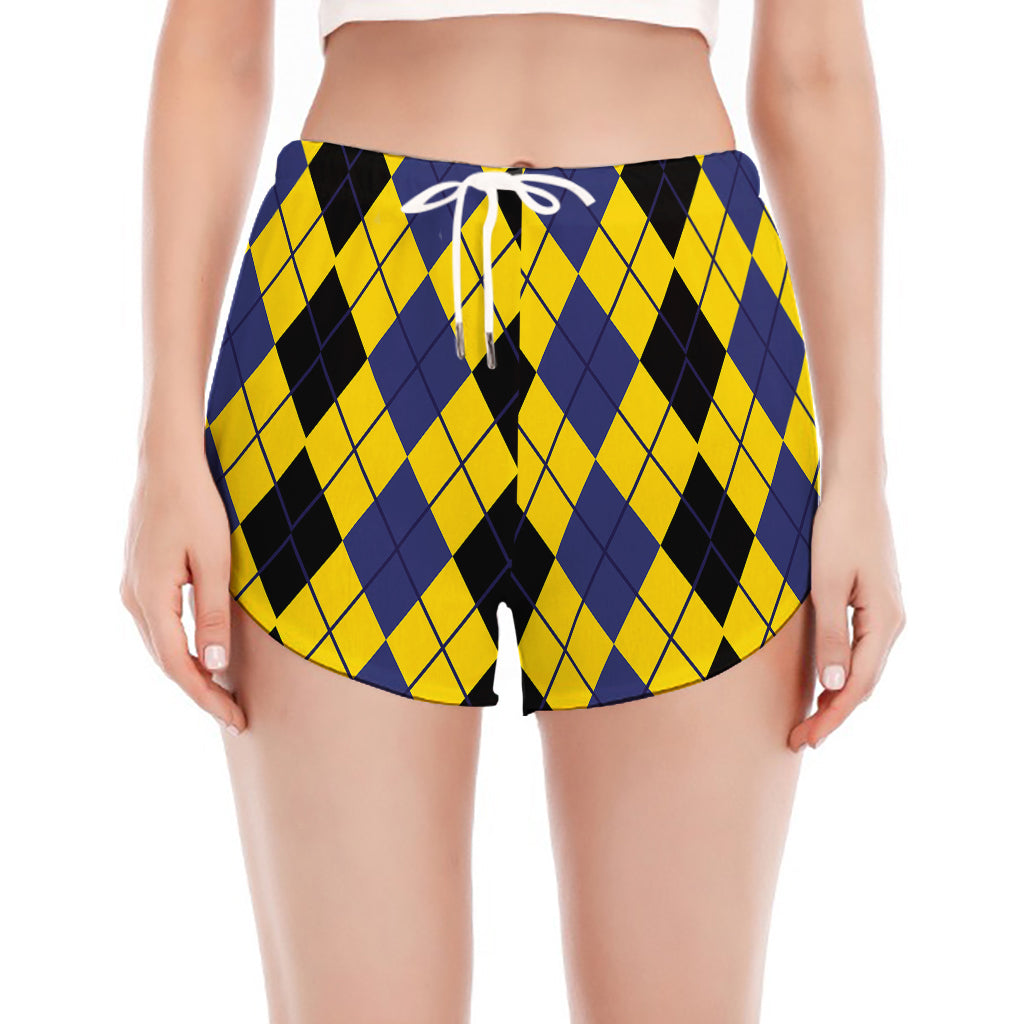 Black Blue And Yellow Argyle Print Women's Split Running Shorts