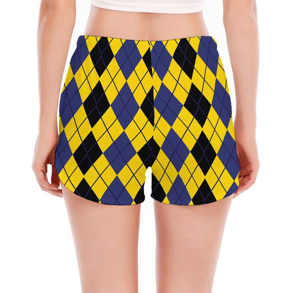 Black Blue And Yellow Argyle Print Women's Split Running Shorts