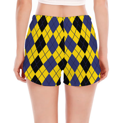 Black Blue And Yellow Argyle Print Women's Split Running Shorts