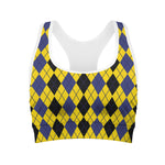 Black Blue And Yellow Argyle Print Women's Sports Bra