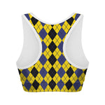 Black Blue And Yellow Argyle Print Women's Sports Bra