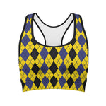 Black Blue And Yellow Argyle Print Women's Sports Bra