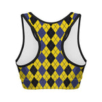 Black Blue And Yellow Argyle Print Women's Sports Bra