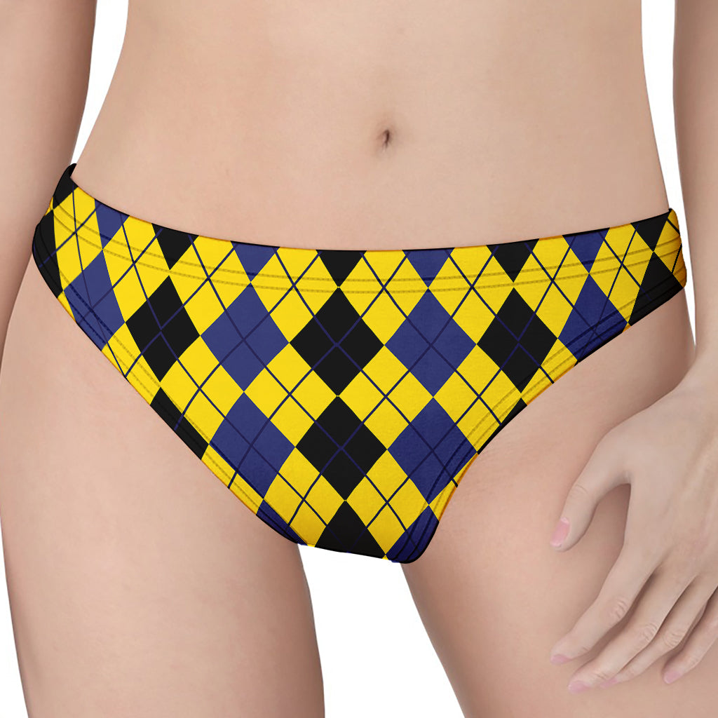 Black Blue And Yellow Argyle Print Women's Thong