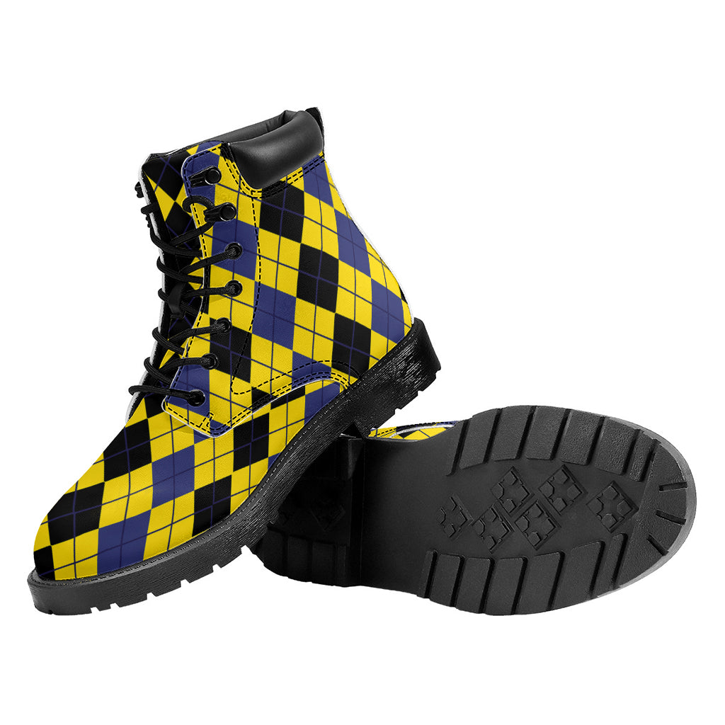Black Blue And Yellow Argyle Print Work Boots