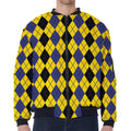 Black Blue And Yellow Argyle Print Zip Sleeve Bomber Jacket