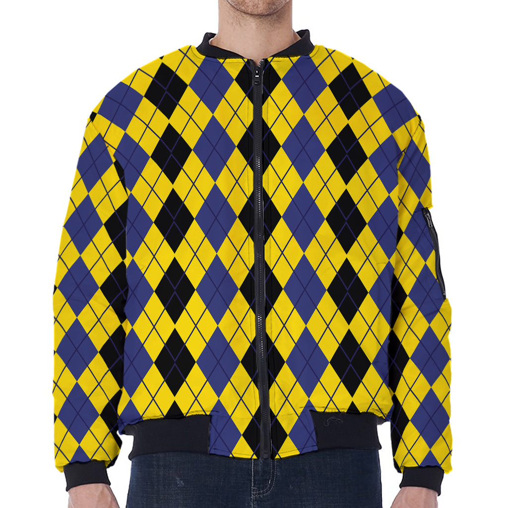 Black Blue And Yellow Argyle Print Zip Sleeve Bomber Jacket