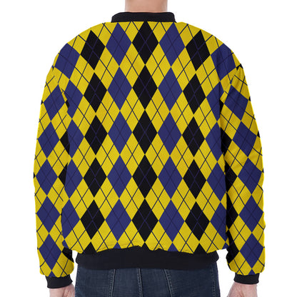 Black Blue And Yellow Argyle Print Zip Sleeve Bomber Jacket