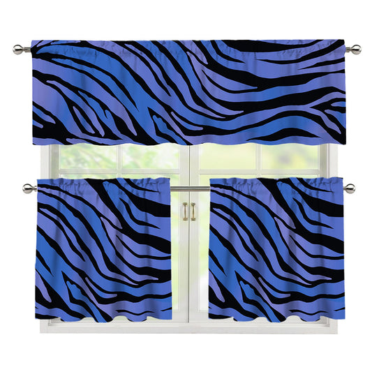 Black Blue Zebra Pattern Print 3 Piece Kitchen Curtains