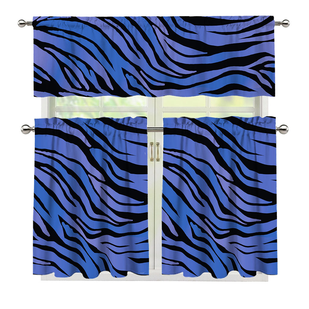 Black Blue Zebra Pattern Print 3 Piece Kitchen Curtains