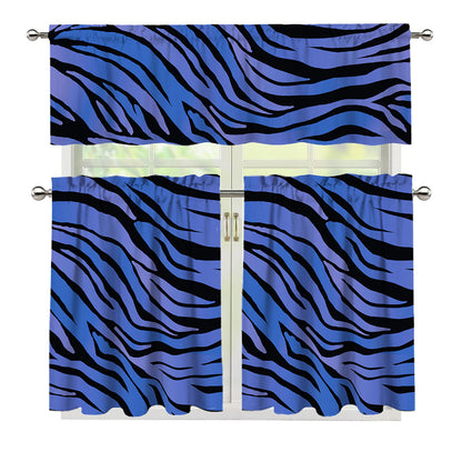 Black Blue Zebra Pattern Print 3 Piece Kitchen Curtains