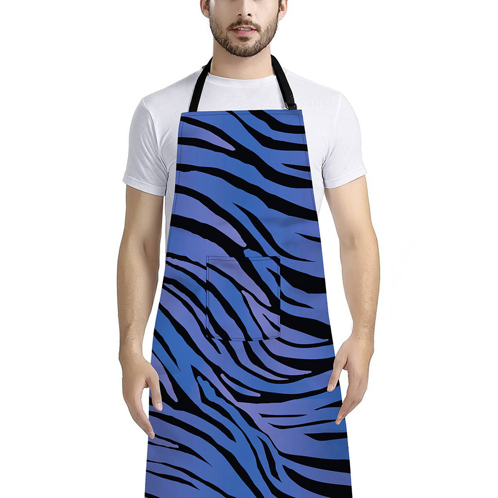 Black Blue Zebra Pattern Print Bib Apron With Pocket