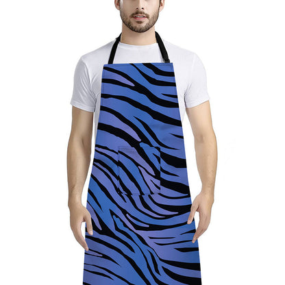 Black Blue Zebra Pattern Print Bib Apron With Pocket