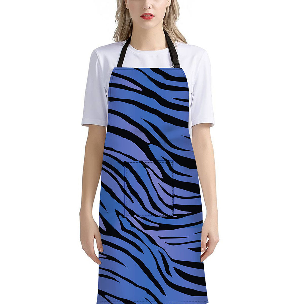 Black Blue Zebra Pattern Print Bib Apron With Pocket