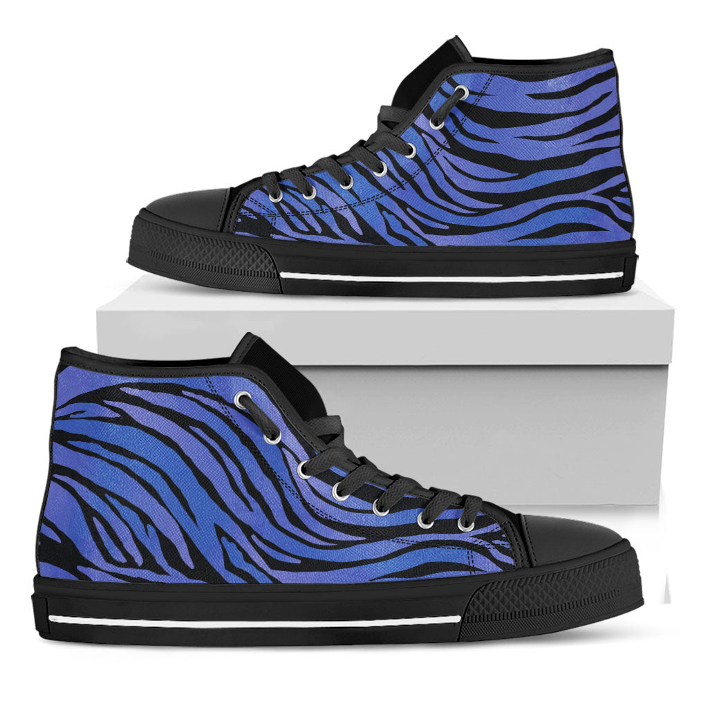 Black Blue Zebra Pattern Print Black High Top Sneakers