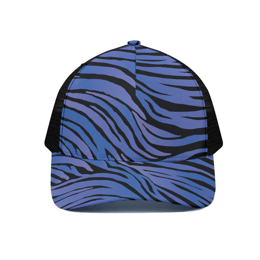 Black Blue Zebra Pattern Print Black Mesh Trucker Cap