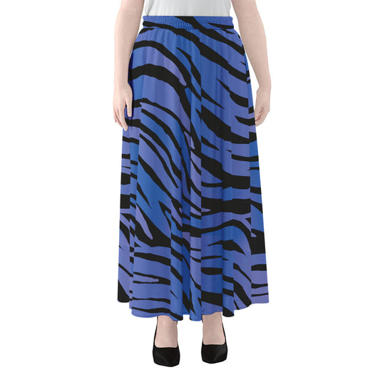 Black Blue Zebra Pattern Print Chiffon Maxi Skirt