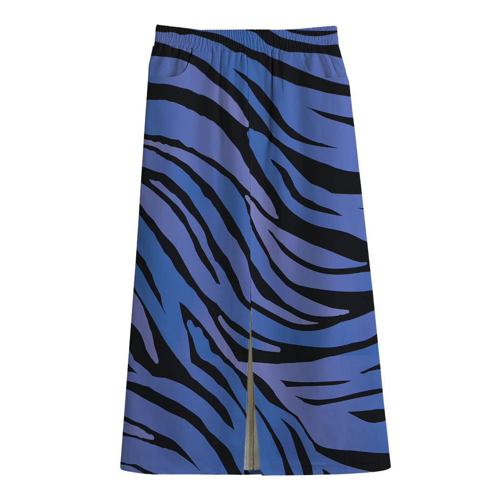 Black Blue Zebra Pattern Print Cotton Front Slit Maxi Skirt