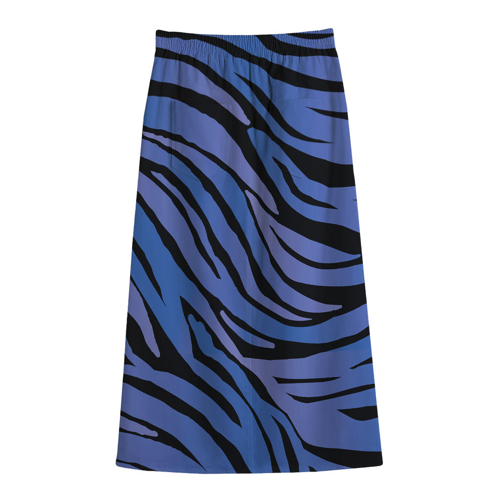 Black Blue Zebra Pattern Print Cotton Front Slit Maxi Skirt